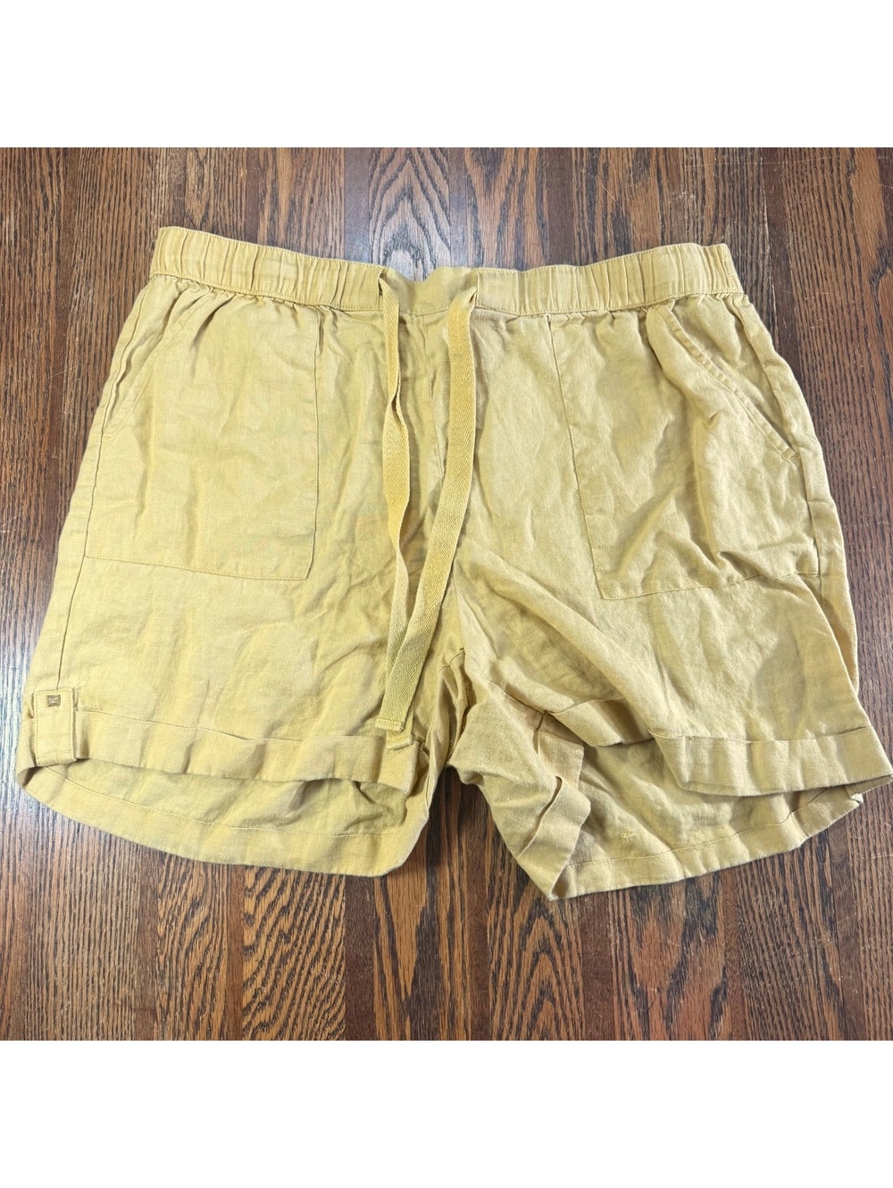 Ellen Tracy Women Linen Shorts L Yellow Mustard Drawstring Cuffed Pockets Casual